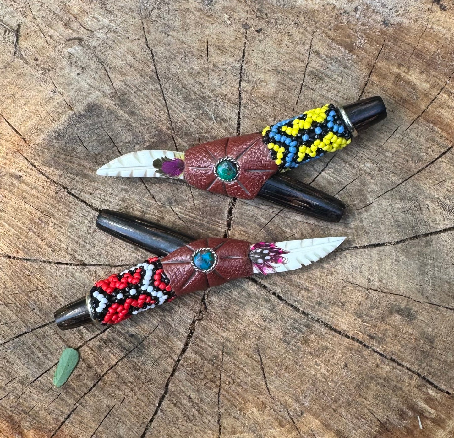 Single Nostril Kuripe w/ carved bone tip and shipibo beading
