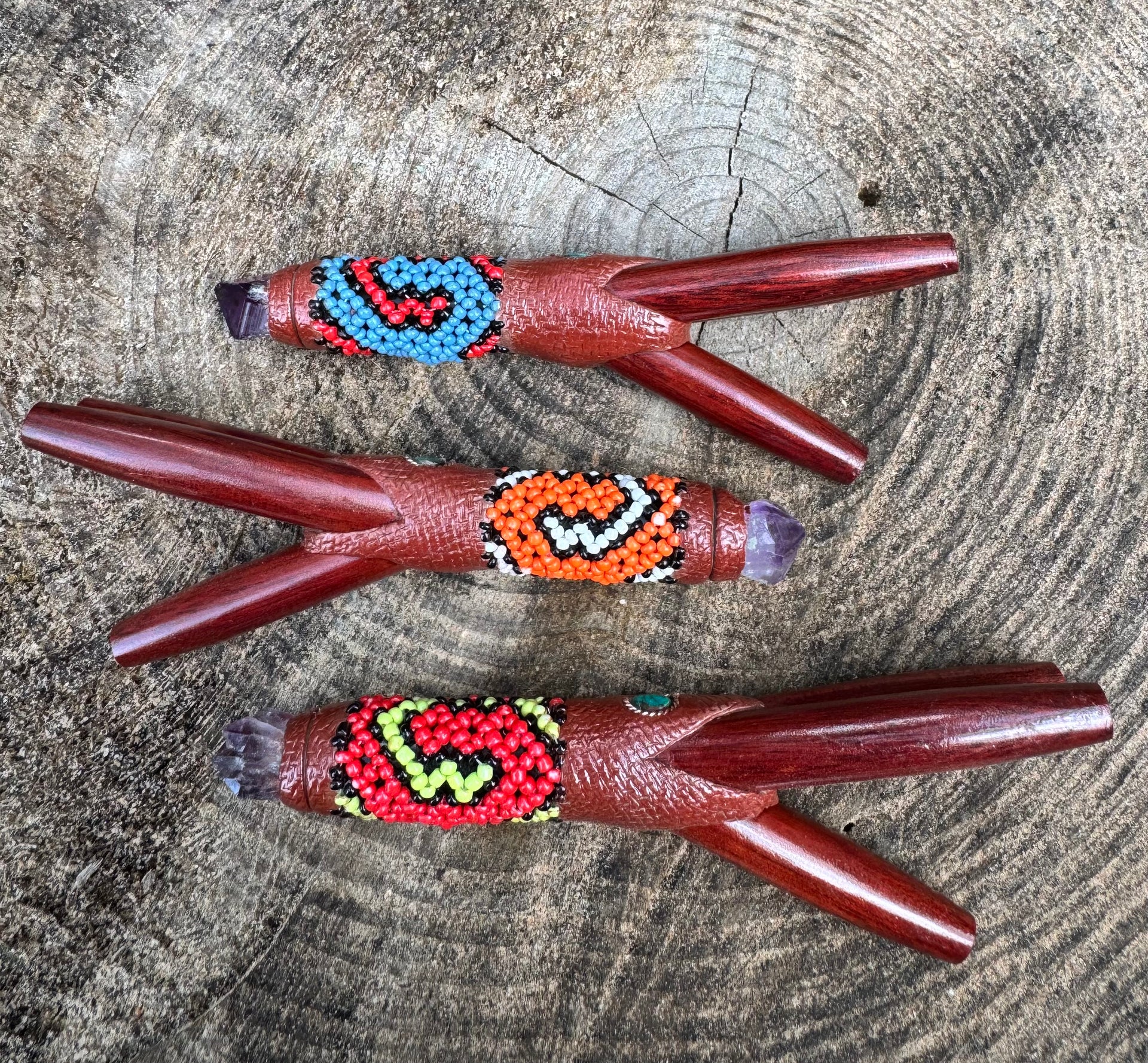 Double Nostril Shipibo Beaded Peruvian Kuripe