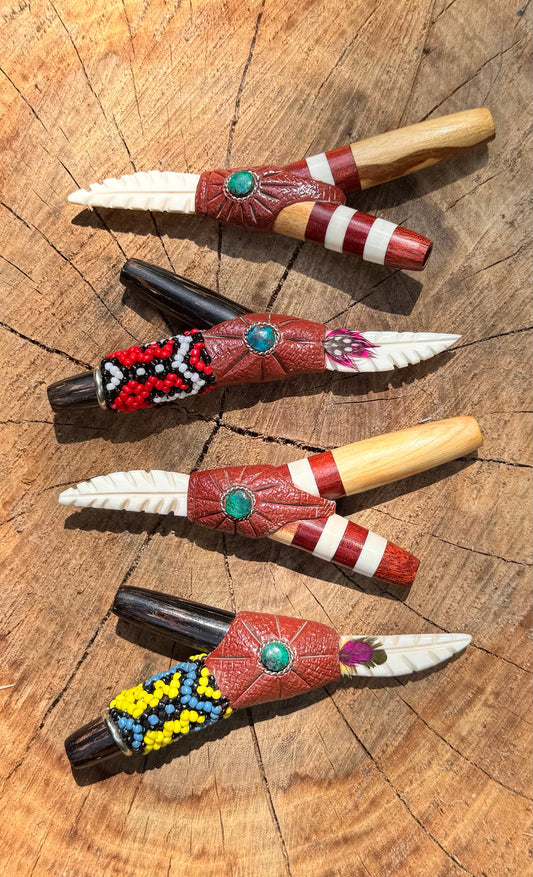 Single Nostril Kuripe w/ carved bone tip and shipibo beading