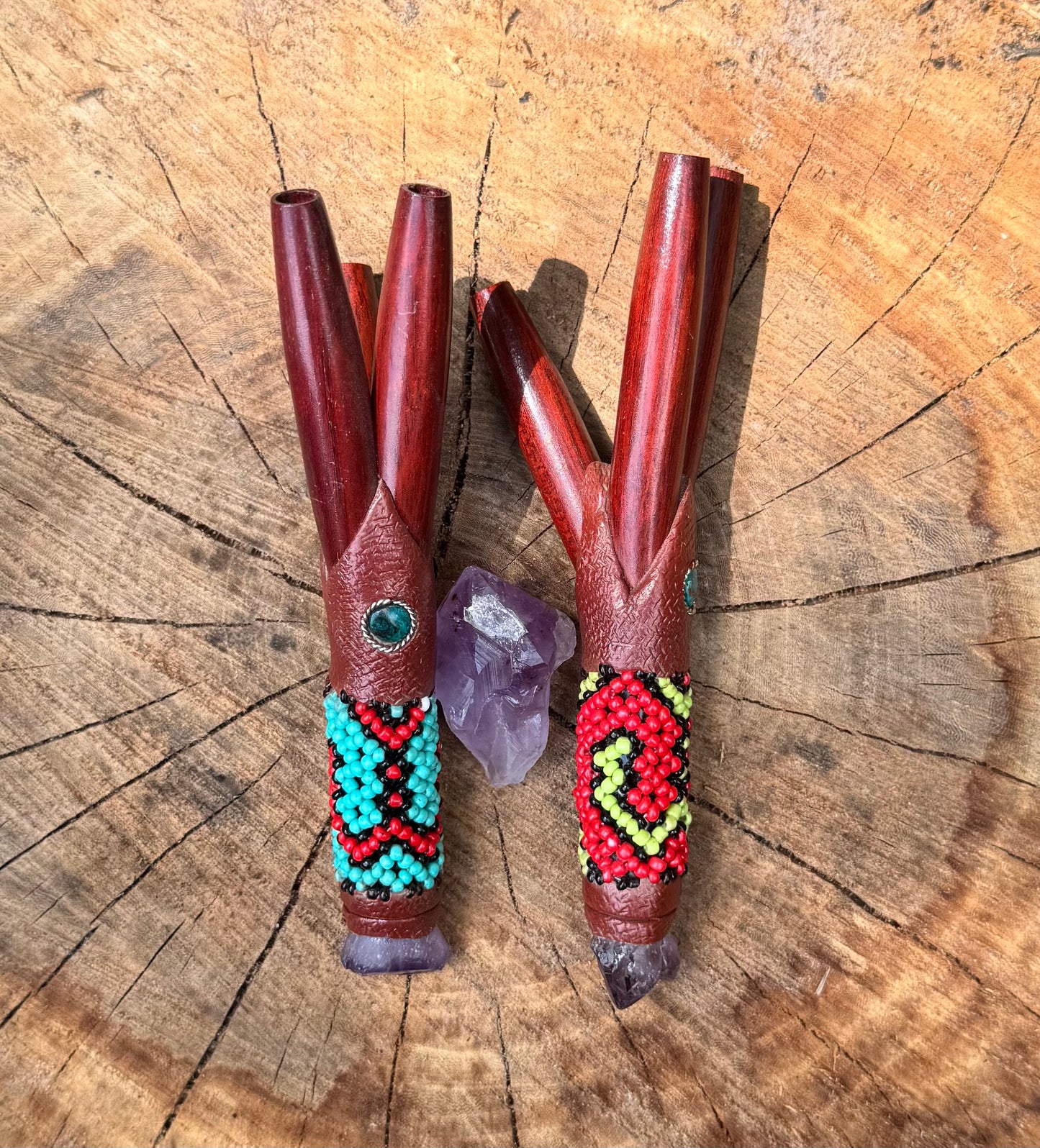 Double Nostril Shipibo Beaded Peruvian Kuripe
